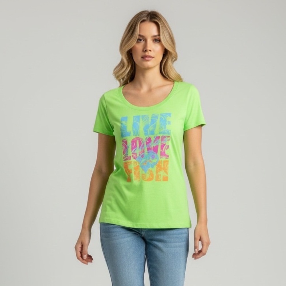 Cabelas Graphic Tee Womens Lime Green Live Love Fish Scoop Neck Size M